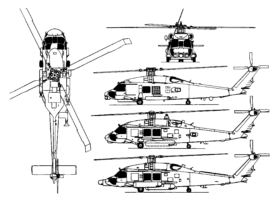 Sikorsky SH-60B Seahawk twin-turbine ASW/ASST helicopter, with additional side views of HH-60H (centre) and HH-6OJ Jayhawk (bottom)