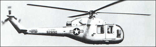 One of four U.S. Army YH-18A helicopters after conversion to the XH-39 is shown in flight over Bridgeport, Conn.