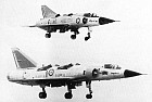 View of the Balzac (upper) and Mirage IIIV-01 (lower) experimental VTOL aircraft in hovering flight